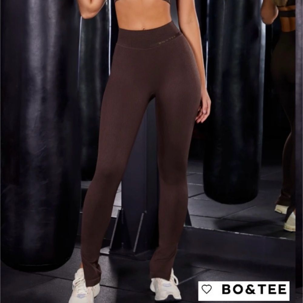 Bo+Tee Chocolate High Waist Split Flare Ribbed Leggings